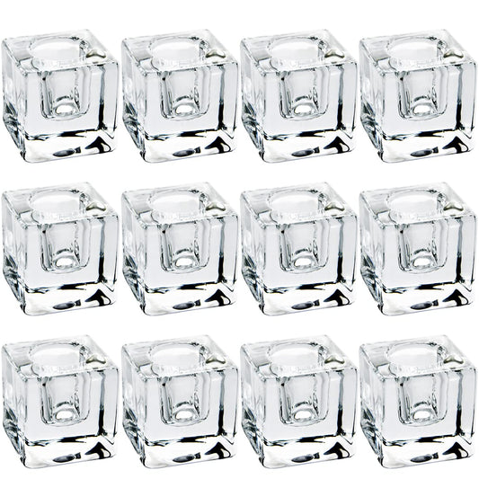12PCS Square Glass Taper Candle Holders for Table Centerpiece. Decorative Crystal Candle Stick Holder Sets. Candle Stand for Wedding, Dinning, Party.